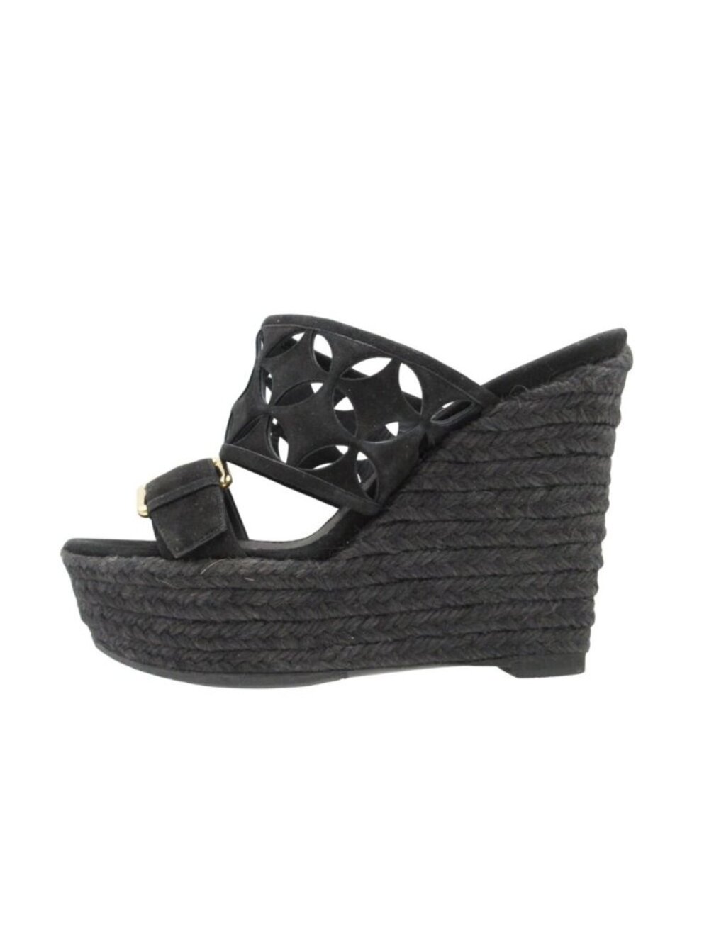 Louis Vuitton Sandals Wedge Sole Thick Suede Monogram Flower Cut Gold Buckle
